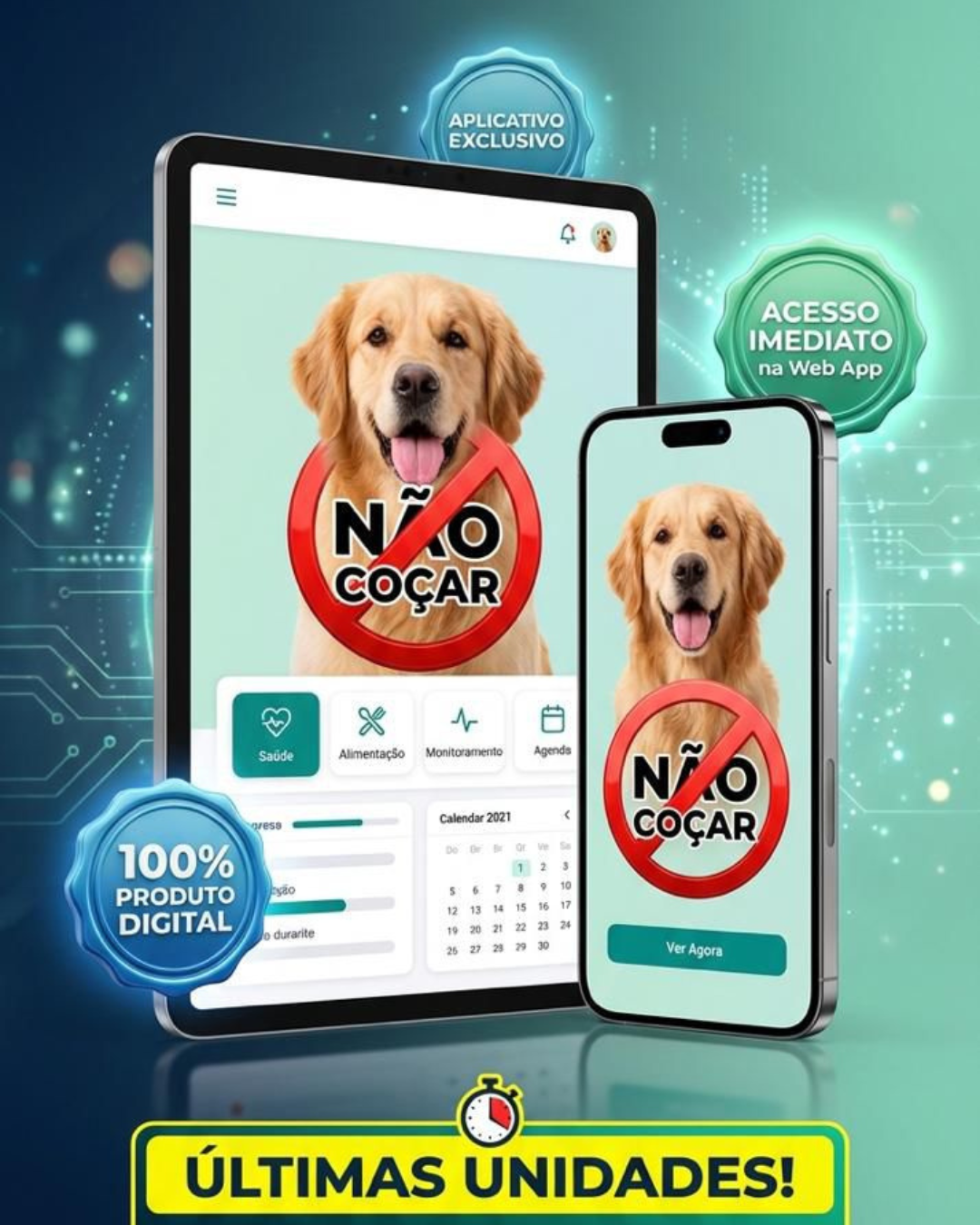 Aplicativo exclusivo Metodo Anti-Coceira exibido em tablet e celular - 100% produto digital com acesso imediato